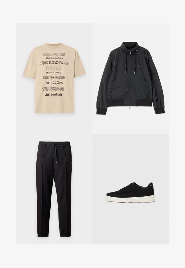 Black lightweight zip-up jacket with stand collar, zippered side pockets, drawstrings, ribbed cuffs, and Armani Exchange logo on chest.; Beige oversized t-shirt featuring repeated text graphics in black, with varying font styles. Made of soft cotton fabric.; Black trousers with a waistband, drawstring, and elastic cuffs. Features pleats and a smooth, textured fabric.; Black suede sneaker with lace-up design and contrasting white rubber sole. Features textured side panels and subtle branding on the heel.