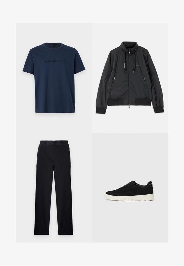 Juodas lengvas zip-up džemperis su stovinčiu apykakle, užtrauktukais šoninėse kišenėse, įveržimais, raibotu rankogaliu ir Armani Exchange logotipu ant krūtinės.; Tamsiai mėlynas medvilninis marškinėliai su trumpomis rankovėmis ir apvalia iškirpte; priekyje turi iškilų "MICHAEL KORS" logotipą.; Juodos kelnės, pagamintos iš lengvos tekstūruotos medžiagos, tiesaus silueto, su elastingu juosmeniu ir šoniniais užtrauktukų kišenėmis.; Juodos veliūrinės sportinės bateliai su raištelių dizainu ir kontrastinga balta gumine padais. Yra tekstūruoti šoniniai skydeliai ir subtilus logotipas ant kulno.
