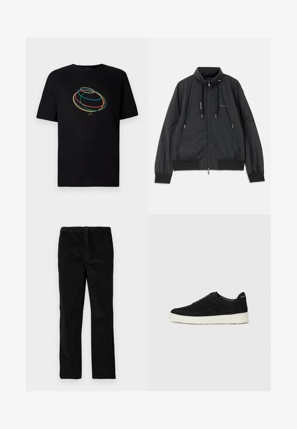 Melna, viegla, ar rāvējslēdzēju aizdara jaka ar stāvošu apkakli, rāvējslēdzēja sānu kabatām, sašaurinājuma auklām, ribota apakšmala piedurknēm un Armani Exchange logotipu uz krūšu.; Melnā t-kreklā ar īsām piedurknēm uz priekšpuses ir abstrahēts dizains ar krāsainiem cilpām zilos, zaļos, dzeltenos un sarkanos toņos.; Melnas taisnas kājas samta bikses ar elastīgu jostasvietu un priekšējo auklu, attēlotas uz vienkārša balta fona.; Melnas zamšas kedas ar auklām un kontrastējošu baltu gumijas zoli. Iekļauj teksturētas sānu panēles un diskretu zīmolu uz papēža.