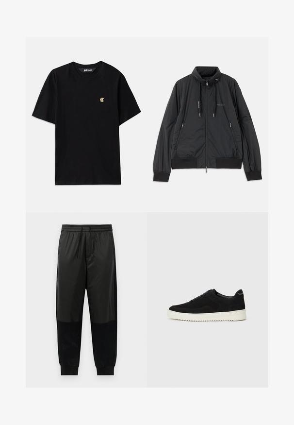 Black lightweight zip-up jacket with stand collar, zippered side pockets, drawstrings, ribbed cuffs, and Armani Exchange logo on chest.; Black cotton t-shirt with short sleeves, a crew neck, and a small gold "C" logo on the chest. Simple design, smooth texture, regular fit.; Black athletic pants featuring a blend of smooth and textured fabrics, elastic waistband with drawstring, and tapered cuffs.; Black suede sneaker with lace-up design and contrasting white rubber sole. Features textured side panels and subtle branding on the heel.