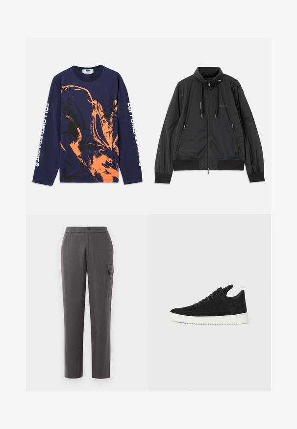Casaco leve preto com fecho frontal e gola alta, bolsos laterais com fecho, cordões, punhos canelados e logótipo da Armani Exchange no peito.; T-shirt de manga longa azul-marinho feito de algodão, apresentando um design abstrato em laranja e preto. O texto na manga diz "SIGA O COELHO."; Calças cinzas com um ajuste descontraído, feitas de um tecido suave. Apresentam um fecho de botão, bolsos laterais e um bolso de carga na perna.; Sapatilha de camurça preta com sola de borracha branca, apresentando costuras tonais e um design com atacadores. Textura suave com uma forma moderna e simplificada.