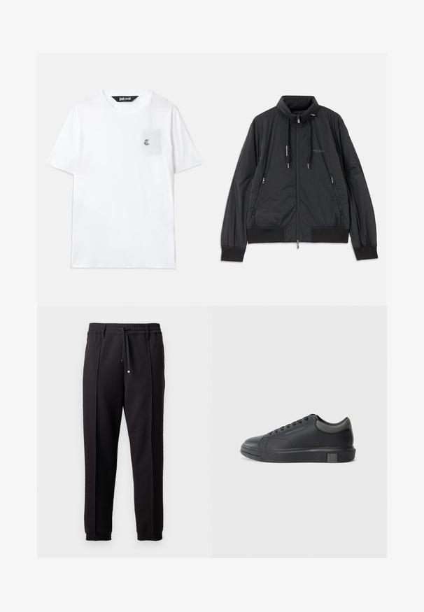 Chaqueta negra ligera con cremallera y cuello alzado, bolsillos laterales con cremallera, cordones, puños de canalé y logo de Armani Exchange en el pecho.; Camiseta de algodón blanca con mangas cortas, cuello redondo, pequeño bolsillo en el pecho y un logotipo bordado en el bolsillo.; Pantalones negros con cinturilla, cordón y puños elásticos. Presentan pliegues y una tela lisa y texturizada.; Zapatilla de cuero negra con un acabado suave, punta redondeada y acentos gris oscuro. Presenta un diseño de cordones y una suela de goma texturizada.
