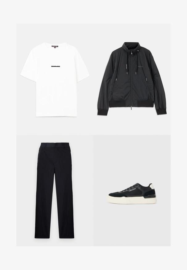 Mustmust mustrikk zip-up jakk, millel on seisev krae, tõmbluku külgtaskud, nöörid, soonikutega varrukad ning Armani Exchange logo rinnal.; Valge puuvillane t-särk, millel on mugav lõige, lühikesed varrukad ning must "MICHAEL KORS" logo keskosas.; Mustad püksid, millel on kerge, tekstuuriga kangas, sirge jala disain, elastne vöökoht ja küljetaskud sipsiga.; Must musta, mis on valmistatud võrkmaterjalist ja nahast, pakub paksu valget tallat ja kontrastseid aktsente. Paelad ja logo detail külje peal.