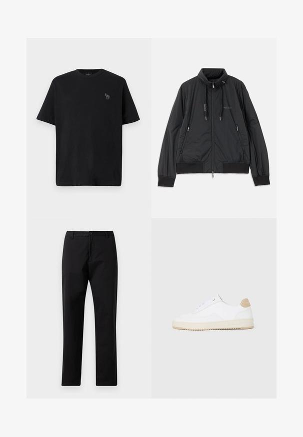 Casaco leve preto com fecho frontal e gola alta, bolsos laterais com fecho, cordões, punhos canelados e logótipo da Armani Exchange no peito.; T-shirt preta de algodão com mangas curtas, decote redondo e um discreto logótipo de cavalo bordado em cinza na zona do peito esquerdo.; Calças pretas de perna reta com fecho de botão e zip, passantes para cinto e bolsos frontais, exibidas sobre fundo branco.; Sapatilhas brancas de cano baixo com parte superior em couro texturizado, sola cream estriada e detalhe em tan no calcanhar. Apresenta atacadores brancos e detalhe do logótipo no calcanhar.