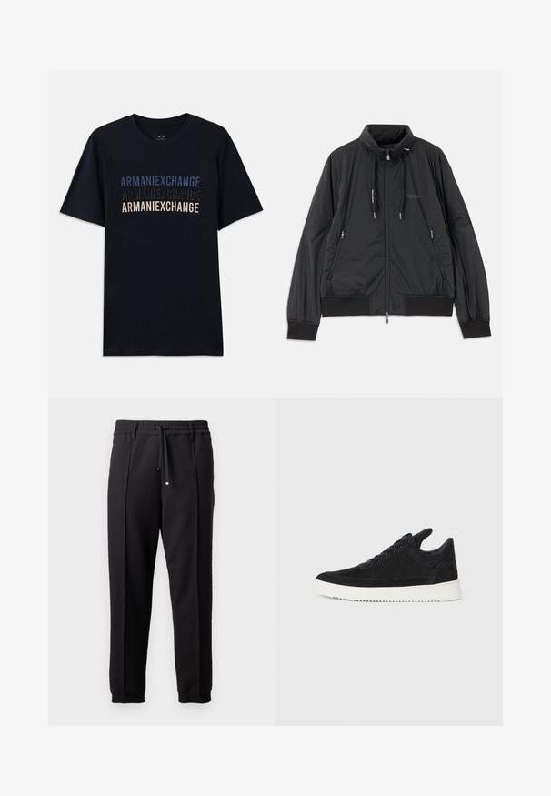 Chaqueta negra ligera con cremallera y cuello alzado, bolsillos laterales con cremallera, cordones, puños de canalé y logo de Armani Exchange en el pecho.; Camiseta de algodón negra con texto apilado "ARMANIEXCHANGE" en tonos azules y beige, mangas cortas y cuello redondo.; Pantalones negros con cinturilla, cordón y puños elásticos. Presentan pliegues y una tela lisa y texturizada.; Zapatilla de ante negra con suela de goma blanca, que presenta costuras en el mismo tono y un diseño de cordones. Textura suave con una forma moderna y aerodinámica.