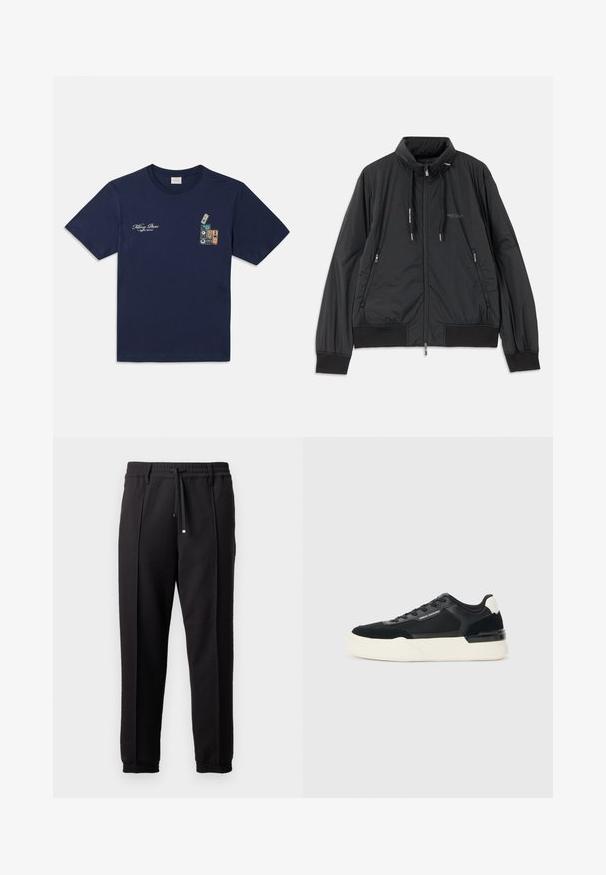 Casaco leve preto com fecho frontal e gola alta, bolsos laterais com fecho, cordões, punhos canelados e logótipo da Armani Exchange no peito.; T-shirt de algodão azul marinho com mangas curtas, apresentando uma ilustração de cassetes empilhadas e o texto "Killing Bees" no peito.; Calças pretas com uma cinta na cintura, cordão ajustável e punhos elásticos. Apresenta pregas e um tecido liso e texturizado.; Sapata preta feita de malha e couro, apresentando uma sola branca grossa e detalhes contrastantes. Cadarços e detalhe do logótipo na lateral.