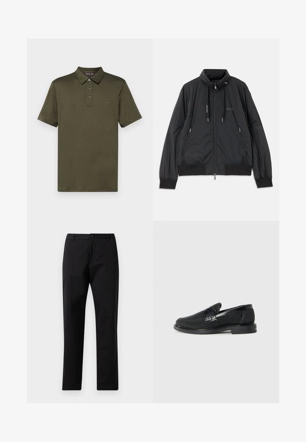 Zwarte lichtgewicht zip-up jack met opstaande kraag, ritszakken aan de zijkant, trekkoorden, geribbelde manchetten en het Armani Exchange-logo op de borst.; Michael Kors SLEEK NEW - T-shirt basic - ivy; Zwarte rechte broek met knoop- en ritssluiting, riemlussen en steekzakken, weergegeven op een witte achtergrond.; Zwartegeweven instap schoenen met een glad leren accent aan de bovenkant, een ronde neusontwerp en een laag profiel rubberen zool.