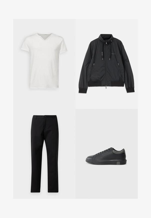 Black lightweight zip-up jacket with stand collar, zippered side pockets, drawstrings, ribbed cuffs, and Armani Exchange logo on chest.; White short-sleeve t-shirt made of soft cotton. Features a v-neck with a decorative button detail near the neckline. Smooth texture.; Black straight-leg trousers with button and zip closure, belt loops, and front pockets, displayed on white background.; Black leather sneaker with a smooth finish, rounded toe, and dark grey accents. Features lace-up design and textured rubber sole.