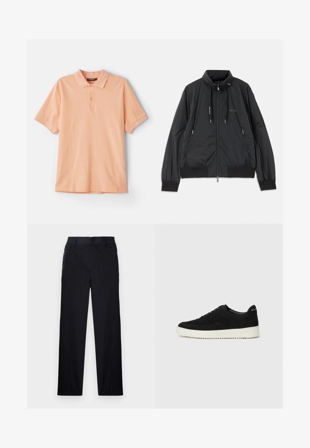 Crna lagana jakna na zip s visokom kragnom, bočnim dzepovima na zip, vezicama, rebrastim manžetama i logom Armani Exchange na prsima.; Breskva polo majica od pamuka. Ima klasični ovratnik, kratke rukave i suptilan logo na grudima. Mekani materijal, jednostavan dizajn.; Crne hlače od lagane, teksturirane tkanine, ravnog kroja, s elastičnom gumicom u struku i bočnim džepovima sa zatvaračem.; Crne nubuk tenisice s vezanjem i kontrastnom bijelom gumenom potplatom. Imaju teksturirane bočne panele i suptilno brendiranje na peti.