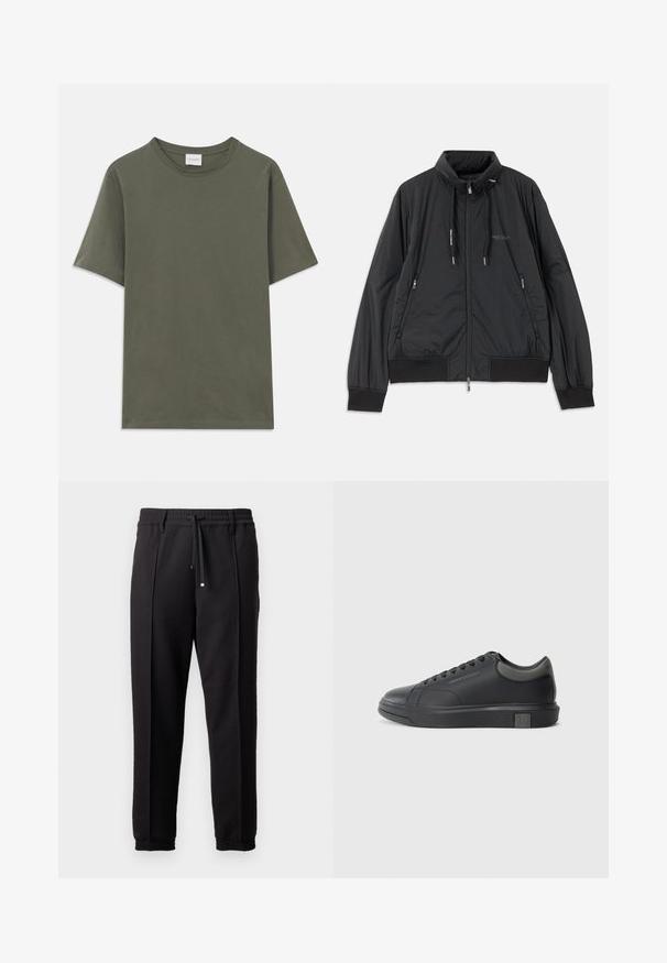 Svart lett zip-up jakke med ståkrage, glidelåslommer på sidene, snorer, ribbestrikkede mansjetter og Armani Exchange-logo på brystet.; En ensfarget, mørk olivengrønn t-skjorte med kort erme og rund hals, med et lite hvitt merke på baksiden av nakken.; Sorte bukser med liv, snor og elastiske mansjetter. Har plisséer og et glatt, teksturert stoff.; Sorte lærersneakers med en glat finish, rund tå og mørkegrå detaljer. Har snørebånd og en struktureret gummisål.