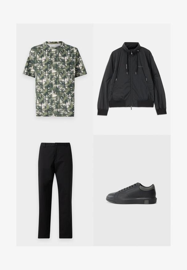 Zwarte lichtgewicht zip-up jack met opstaande kraag, ritszakken aan de zijkant, trekkoorden, geribbelde manchetten en het Armani Exchange-logo op de borst.; Korte mouw T-shirt van zachte stof met een palmboomprint. Dominante kleuren zijn groen en beige, met een relaxed fit en ronde hals.; Zwarte rechte broek met knoop- en ritssluiting, riemlussen en steekzakken, weergegeven op een witte achtergrond.; Zwarte leren sneaker met een gladde afwerking, ronde neus en donkergrijze accenten. Beschikt over een vetersluiting en een getextureerde rubberen zool.