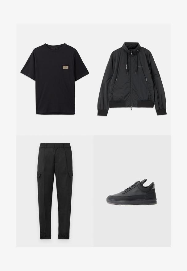 Casaco leve preto com fecho frontal e gola alta, bolsos laterais com fecho, cordões, punhos canelados e logótipo da Armani Exchange no peito.; Camiseta preta de algodão com mangas curtas, apresentando um pequeno retângulo de textura dourada com o logotipo "MK" na área do peito esquerdo.; Calças cargo pretas com uma cintura elástica, perna afunilada, bolsos laterais e um único bolso cargo na coxa esquerda. Textura suave.; Sapatilhas de couro preto com uma superfície texturizada, design de atacadores, cano baixo, e uma sola de borracha cinza com uma borda estriada.