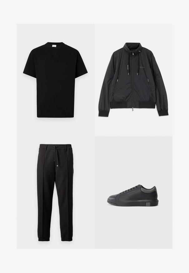 Zwarte lichtgewicht zip-up jack met opstaande kraag, ritszakken aan de zijkant, trekkoorden, geribbelde manchetten en het Armani Exchange-logo op de borst.; Zwarte katoen t-shirt met ronde hals, korte mouwen en rechte snit. Geen zichtbare patronen of hardwaredetails.; Zwarte broeken met een tailleband, koord en elastische boorden. Heeft plooien en een gladde, gestructureerde stof.; Zwarte leren sneaker met een gladde afwerking, ronde neus en donkergrijze accenten. Beschikt over een vetersluiting en een getextureerde rubberen zool.