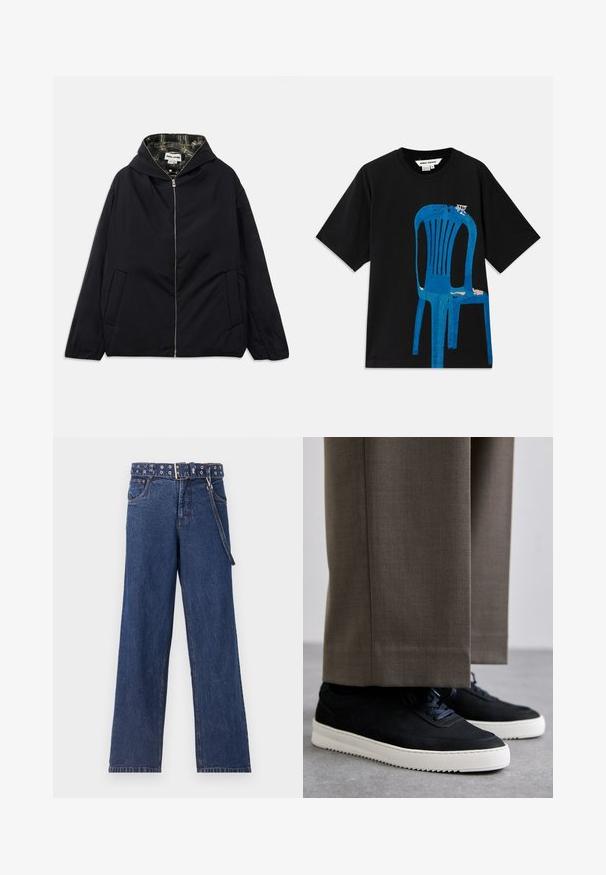 Must have kerged jakk, millel on kapuuts, esine lukuga, kaks küljetaskut ja sisesoontega ruuduline vooder. Omab lõdva lõikega ja sileda tekstuuriga.; Mustakarva puuvillane T-särk, mille ees on sinine trükisega tooli disain. Lühikesed varrukad ja ümmargune kaelus. Lihtne tekst tooli kohal.; Tumedast sinistest denimi teksad sirge lõikega, mis on varustatud mustrilise vööga, millel on metallist silmad ja sobiv vööaas.; Mustad suleed sneakers valge kummist tallaga, ümarate varvaste ja paeltega, kantud hallide ülikonna pükste kõrval.