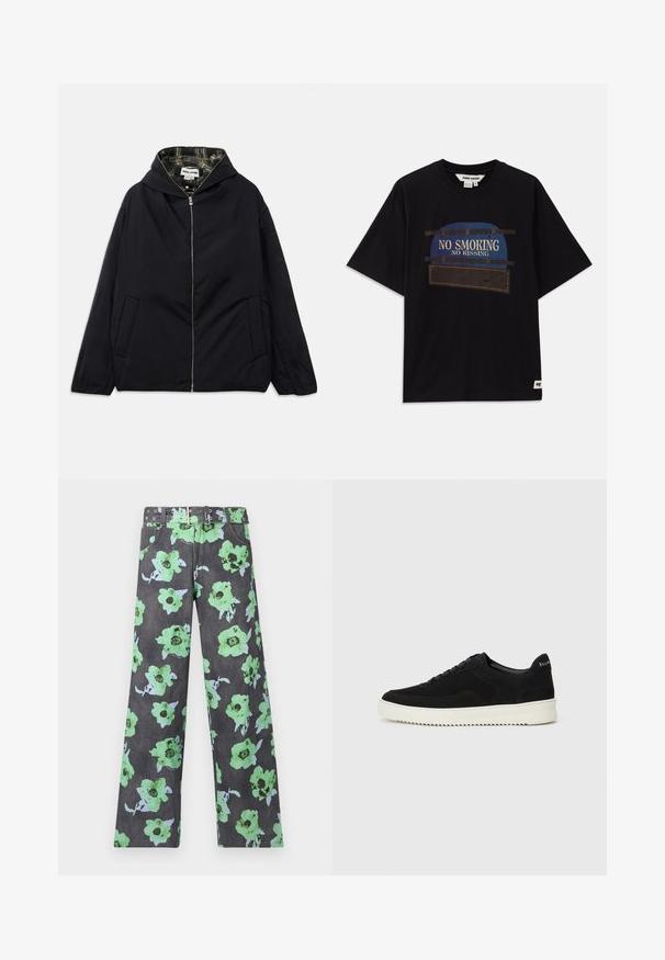 Mustat kevyet takki, jossa on huppu, etuvetoketju, kaksi sivutaskua ja ruudullinen vuori sisäpuolella. Ominaisuuksina rento leikkaus ja sileä tekstuuri.; Musta puuvillainen t-paita lyhyillä hihoilla, jossa on graafinen muotoilu, joka sisältää "EI TUPAKOINTIA" ja "EI SUUTELEMISTA" -tekstin sinisillä ja valkoisilla yksityiskohdilla.; Housut, joissa on kukkakuosi tummanharmaana, suuret vihreät ja siniset kukat. Mukana on yhteensopiva vyö, jossa on useita niittejä ja reikiä.; Mustat mokkakengät nauhoilla ja kontrastivalkoisella kumipohjalla. Varustettu teksturoiduilla sivupaneeleilla ja huomaamattomalla brändäyksellä kantapäässä.