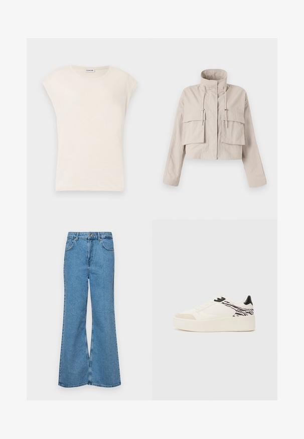 Zkrácená béžová bunda vyrobená z lehkého materiálu, má stojáček, nastavitelné stahování a dvě velké kapsy s klopou vpředu.; Krémové tričko s krátkým rukávem, volného střihu, kulatým výstřihem a hladkým povrchem. Vyrobeno z lehkého materiálu, bez viditelných vzorů.; Světle modré rozšířené džíny z denimu, se zvýšeným pasem, pěti kapsami a jedním knoflíkem na zapínání. Měkký povrch s vybledlým vzhledem.; Even&Odd Tenisky - white/black