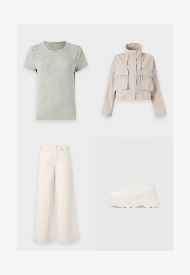 Beige Jacke in Cropped-Form aus leichtem Stoff, mit Stehkragen, verstellbarem Kordelzug und zwei großen Klappentaschen auf der Vorderseite.; Graues kurzärmliges T-Shirt mit Rundhalsausschnitt, aus geripptem Stoff gefertigt. Glatte Textur mit regulärer Passform und minimalistischem Design.; Weite, hellbeige Jeanshose mit hoher Taille, zwei vorderen Taschen, Knopfverschluss und dezenten Nähten.; Weiße Leinensneaker mit einer massiven Sohle, abgerundeter Spitze und fünf Ösen für Schnürsenkel. Hinterer Tab für ein einfaches Anziehen. Glatte Textur, minimalistisches Design.