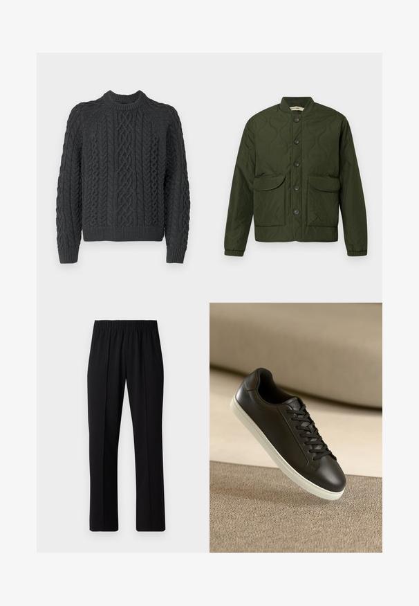Green quilted jacket with a button-up front, two large flap pockets, ribbed cuffs, and a rounded collar. Textured pattern throughout.; Dark gray knitted sweater featuring a cable knit pattern, round neckline, and ribbed cuffs with hem. Textured fabric adds visual interest.; Black, elastic-waist trousers with a straight-leg design, featuring a smooth texture and no visible patterns or hardware.; Black leather sneaker with white rubber sole and black laces, positioned against a beige fabric surface and background.