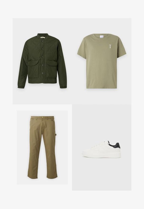 Grön vadderad jacka med knäppning framtill, två stora fickor med lock, ribbade ärmslut och rund krage. Strukturerat mönster över hela.; Olivgrön bomullströja med rundad halsringning och korta ärmar. Visar en liten vit grafisk design på vänster bröstområde.; Kaki byxor i slät tyg med knappknäppning, bälteshällor, två framfickor och en sidficka, med rak benform.; Vit lädersneaker med präglat mönster, texturerad vit mellansula och svart hälaccent. Har rundad tå och platta snören.