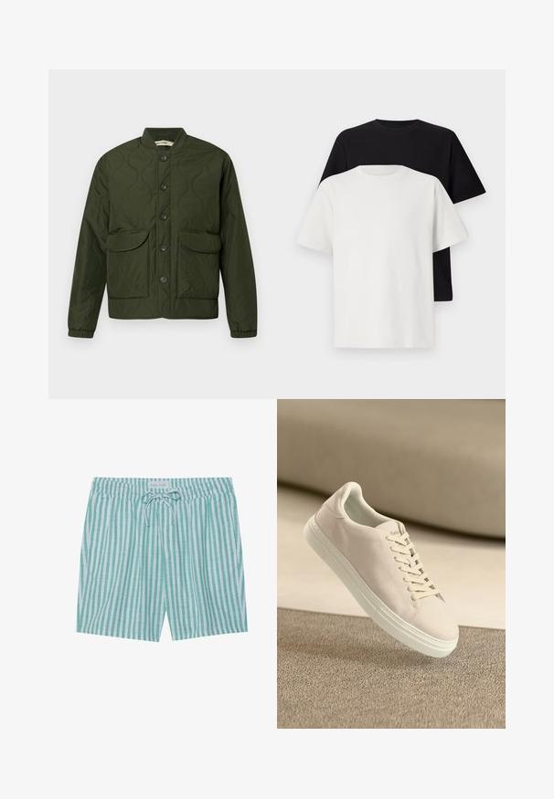 Zielona pikowana kurtka z zapinaniem na guziki, dwoma dużymi kieszeniami na klapę, ściągaczami przy mankietach i zaokrąglonym kołnierzem. Całość ma teksturowany wzór.; Zestaw bawełnianych t-shirtów zawierający czarną i białą koszulkę, obie z krótkimi rękawami, okrągłym dekoltem i standardowym krojem. Teksturowana tkanina.; Pasiaste szorty kąpielowe w jasnym zielonym i białym kolorze. Posiadają elastyczny pas, sznurek do regulacji oraz boczne kieszenie. Wykonane z lekkiego materiału.; Beżowe zamszowe sneakersy z białą podeszwą i sznurowadłami, pokazane unoszące się nad fakturowanym beżowym dywanem na miękkim beżowym tle.