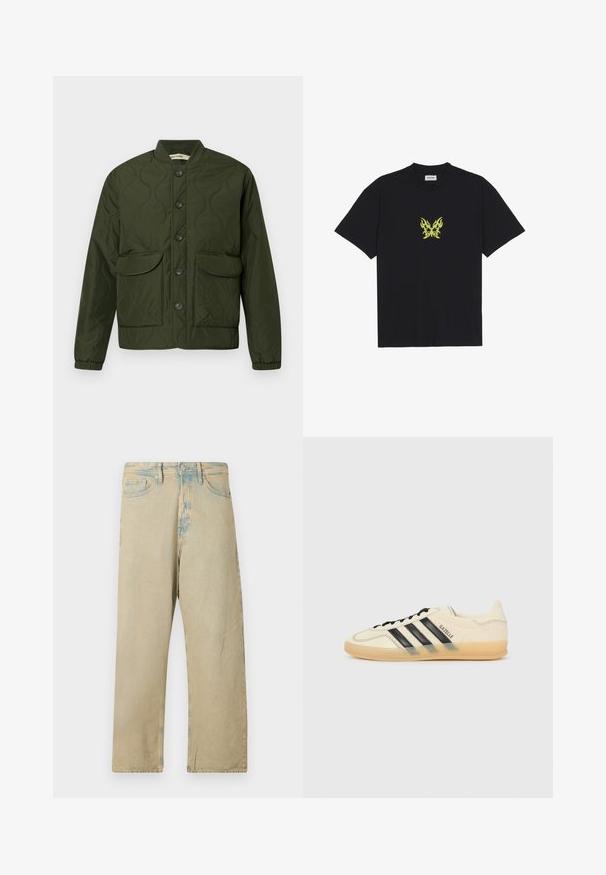 Chaqueta verde acolchada con cierre de botones, dos grandes bolsillos con solapa, puños acanalados y cuello redondeado. Patrón texturizado en toda la prenda.; Camiseta de algodón negra con un pequeño gráfico de mariposa con patrón de llamas amarillas en el pecho. Cuello redondo, mangas cortas.; Pantalones de mezclilla beige con un corte holgado, que presentan un lavado desgastado y sutiles acentos en azul claro en la cintura y los bordes.; Zapatillas de deporte de color crema claro con diseño de tres rayas negras, parte superior texturizada, punta redonda y suela de goma. Incluye cordones y logotipo en el lateral.