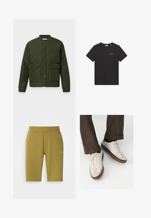 Veste matelassée verte avec un devant à boutons, deux grandes poches à rabat, des poignets côtelés et un col arrondi. Motif texturé sur l'ensemble.; T-shirt en coton noir avec un col rond et des manches courtes. Il comporte un logo imprimé bleu sur la partie gauche de la poitrine.; Shorts vert olive en mélange de coton doux, avec une texture lisse, une taille élastique et un logo discret sur le côté gauche.; Baskets beiges avec un devant en suède texturé, côtés en cuir lisse et semelle en caoutchouc brun. Lacets et détails de couture légère inclus.