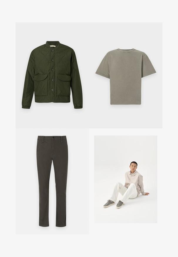 Casaco acolchoado verde com fecho de botões na frente, dois grandes bolsos com aba, punhos canelados e colarinho arredondado. Padrão texturizado em toda a peça.; T-shirt de mangas curtas e decote redondo na cor verde suave. Feito de algodão macio com uma textura lisa e bordas limpas. Sem logótipos ou padrões visíveis.; Calças justas de cor verde escuro feitas de um tecido de mistura de algodão. Apresentam um cós padrão, bolsos frontais e um único bolso traseiro.; Camisa beige de botão, calças brancas e sapatilhas cinzas. A camisa tem um corte solto e as sapatilhas apresentam uma superfície texturizada e um design com atacadores.