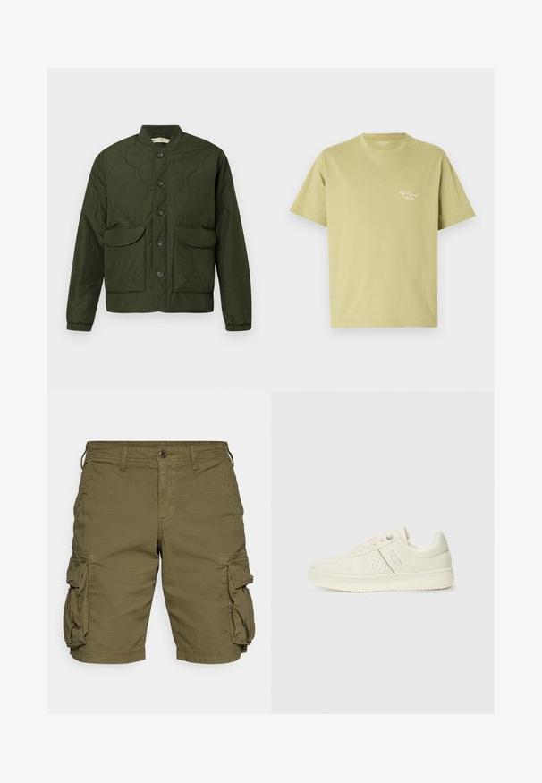 Zelena jakna s prešito teksturo, zapnjenjem na gumbe spredaj, dvema velikima žepoma s poklopcem, rebrastimi manšeti in zaobljenim ovratnikom. Celotna jakna ima teksturiran vzorec.; Svijetlozelena pamučna majica s kratkim rukavima, okruglim izrezom i malim bijelim logotipom s tekstom na lijevoj strani prsnog koša.; GAP Kratke hlače - army jacket green; Sneaker v kremni barvi s perforiranim detajlom, vezalkami in logotipom na strani, prikazan na enostavni beli ozadju.