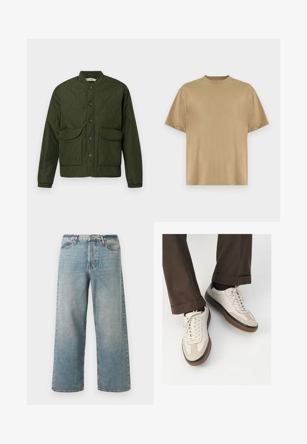 Green quilted jacket with a button-up front, two large flap pockets, ribbed cuffs, and a rounded collar. Textured pattern throughout.; Khaki short-sleeve T-shirt made of soft fabric, featuring a round neckline and a relaxed fit. No patterns or graphics are visible.; Light blue high-waist wide-leg jeans with front button and zipper closure, five pockets, and faded detailing on fabric.; Beige sneakers with a textured suede front, smooth leather sides, and a brown rubber sole. Laces and light stitching detail included.