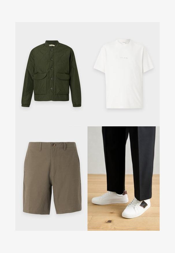 Green quilted jacket with a button-up front, two large flap pockets, ribbed cuffs, and a rounded collar. Textured pattern throughout.; White cotton t-shirt with a crew neck, short sleeves, and a small printed logo on the front. Smooth texture and relaxed fit.; Olive green shorts made from textured fabric, featuring a button closure and flat front, with side pockets for functionality.; White sneakers with smooth texture, featuring brown leather accents and black detailing, paired with black tailored pants. Wooden floor background.