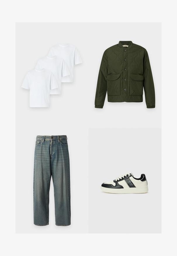 Zöld steppelt dzseki gombolható elülső részével, két nagy fedett zsebével, bordázott mandzsettáival és kerek nyakával. Az anyagon textúrált minta található.; Három fehér pamut póló, rövid ujjú és kerek nyakkivágású, egy sima háttéren együtt kiállítva. Nincsenek látható minták vagy díszítések.; Világoskék farmernadrág, laza fazonnal, közepes derékbőséggel és egyenes szárral. Öt zsebet, övbucskát és gombos záródást tartalmaz.; Fekete és krém színű bőrsneaker, perforált díszítésekkel, párnázott bokapánttal és texturált talppal.