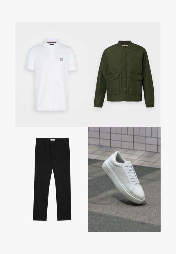Zelená prošívaná bunda s na knoflíky, dvěma velkými kapsami na klopu, žebrovanými manžetami a zaobleným límcem. Texturovaný vzor po celém povrchu.; Bílá polo košile vyrobená z bavlny, s límečkem, krátkými rukávy a malým emblémem na hrudi. Jednoduchý design, bez vzorů nebo akcentů.; Černé rovné džíny s pěti kapsami, zapínání na knoflík a zip, a štítek značky Pier One na pase.; Bílé kožené tenisky s hladkým povrchem, kulatou špičkou a plochými bílými tkaničkami. Disponují texturovanou gumovou podrážkou a minimálními designovými prvky.