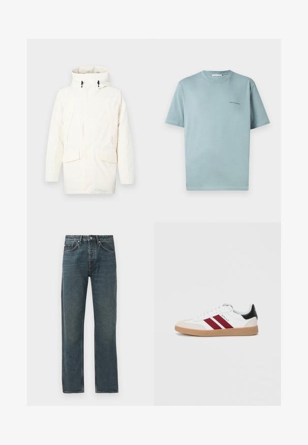 Weiße Kapuzenjacke mit einem Reißverschluss, zwei Fronttaschen und einem leicht strukturierten Stoff. Enthält Kordelzüge zur Anpassung.; Himmelblaues Baumwoll-T-Shirt mit Rundhalsausschnitt, kurzen Ärmeln und kleinem "TIGER OF SWEDEN"-Logo auf der linken Brust. Glatte Textur.; Dunkelblaue Denim-Jeans mit geradem Bein-Design, ausgestattet mit fünf Taschen, einem Knopfverschluss und kontrastierenden Steppdetails.; Weiße Low-Top-Sneaker mit zwei bordeauxfarbenen Streifen, einer Wildleder-Zehenkappe und einem schwarzen Akzent an der Ferse, mit einer Gummi-Sohle.