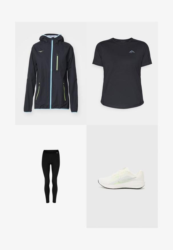 Sort vandtæt jakke med hætte, der har lynlås foran, lyseblå accenter og to lynlåslommer med grønne detaljer. Glat tekstur.; Sort kortærmet atletisk t-shirt med rund halsudskæring, glat stof og reflekterende blåt logo på venstre bryst. Syet detaljering langs sømme.; Sorte leggings lavet af strækbart materiale med høj talje og glat tekstur. Ingen mønstre; enkelt og kropsnært design.; Nike Performance DOWNSHIFTER 13 - Løbesko til landevejen - sail/silver-coloured photon dust/summit white/barely volt/black