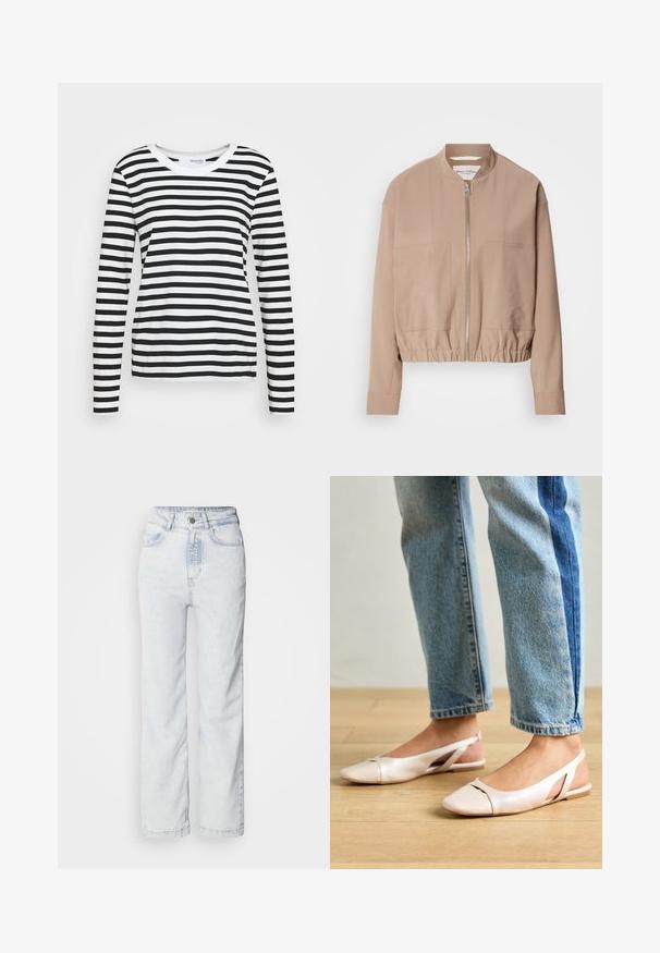 Giacca bomber beige realizzata in tessuto leggero, con chiusura a zip, orlo a coste e due tasche frontali. Design con collo alto.; Maglietta a maniche lunghe bianco e nero a righe con scollatura rotonda e vestibilità casual. Materiale in cotone con una texture liscia.; Jeans high-waisted di colore blu chiaro con vestibilità dritta, realizzati in denim. Presentano una chiusura con bottoni, un design a cinque tasche e una leggera texture sfumata.; Ballerine slingback rosa pallido con punta affusolata, realizzate in un materiale simile alla pelle liscio. Presentano dettagli a taglio sui lati e un tacco piatto.
