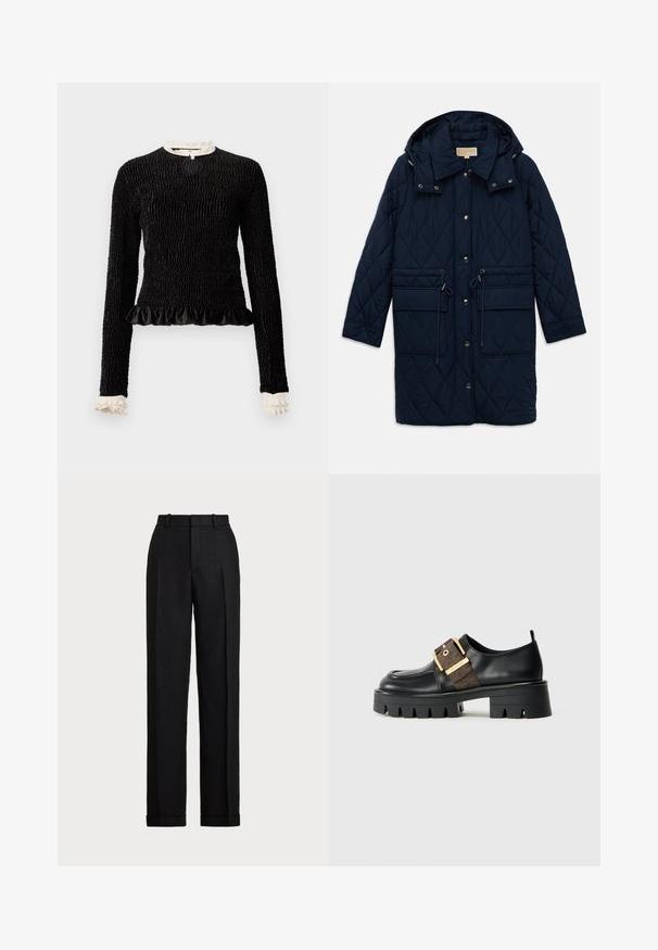 Mornarsko modra podložena dolga jakna s snap gumbi, nastavljivimi vrvicami v pasu, velikimi sprednjimi žepi in pritrjeno kapuco.; Črn dolg rokav vrh z teksturirano tkanino, nabranim robom in belimi nabranimi poudarki na ovratniku in manšetah. Ima osrednji zanka zapiranje.; Črne hlače z visokim pasom, narejene iz lanu. Imajo naravnost oblikovane nogavice, zarinjene pregibe in manšetne robove. Brez vidnih žepov ali zaponk.; Črne usnje čevlje z debelim podplatom, opremljeni z zlatim zaponcem in teksturiranim rjavim poudarkom. Okrogla konica in minimalističen dizajn.