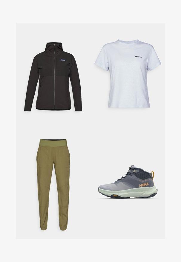 Casaco preto Patagonia com fecho éclair e capuz, mangas longas, bolsos frontais e um pequeno logótipo no canto superior esquerdo do peito.; T-shirt de algodão azul claro com mangas curtas, decote redondo e um pequeno logotipo preto com a inscrição "patagonia" no lado esquerdo do peito.; Calças em verde oliva com corte ajustado, cintura elástica, tecido leve e dois bolsos laterais. Apresenta costuras discretas e bainhas com punho.; Botas de caminhada HOKA cinzentas com um superior texturizado, detalhes sintéticos e uma entressola verde-clara. Possui um solado Vibram para tração.