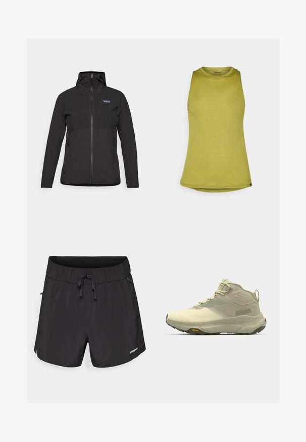 Černá zipová bunda Patagonia s kapucí, dlouhými rukávy, předními kapsami a malým logem na horní levé straně hrudi.; Olivově zelený top bez rukávů s kulatým výstřihem, vyrobený z hladké látky, s mírně uvolněným střihem a zakřiveným lemem.; Černé plavecké šortky vyrobené z lehké tkaniny, s elastickým pasem, šňůrkou na stažení a bočními kapsami pro praktičnost.; Hikingová bota Hoka ve světle béžové, s texturovaným svrškem, šněrováním a Vibram podrážkou. Výrazné boční logo a podpůrný design.