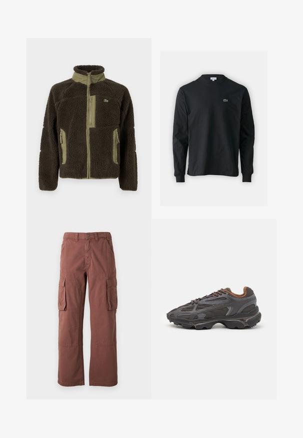 Dark brown fleece jacket with a high collar, olive green accents, zippered front and side pockets, and a textured, soft surface.; Black long-sleeve t-shirt made of cotton, featuring a round neckline and a small green embroidered crocodile logo on the left chest.; Cargo pants in a rust color, made of durable fabric. Features large side pockets, straight legs, and button closure at the waistband.; Lacoste sneakers in dark gray with mesh and synthetic material, featuring a textured sole and brown accents on the collar and branding.