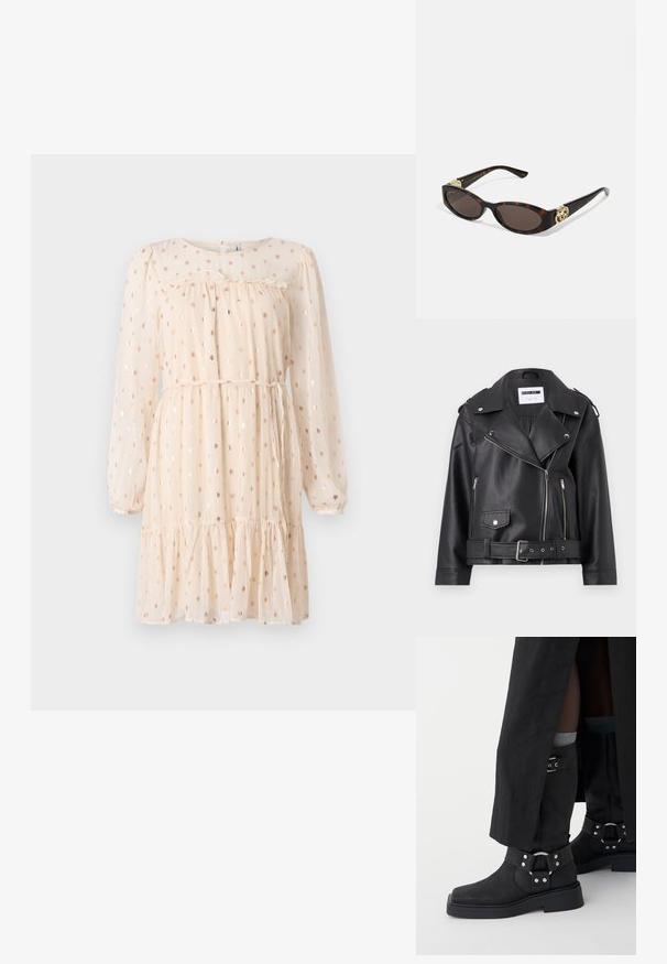 Melnā mākslīgās ādas motociklistu jakā ar sudraba rāvējslēdzējiem, jostu viduklī un epauletiem. Īpaši iezīmē platā apkakle un asimetrisks priekšējais rāvējslēdzējs.; Gaiši bežs kleita ar garām pūkainām piedurknēm, uz kuras ir zelta punktiņu raksts, savelkamais priekšauts un slāņota volāna apakšdaļa.; Melnas potītes kurpes izgatavotas no ādas ar matētu apdari, ar kvadrātu purngaliem un dekoratīvām sprādzēm. Zole ir masīva un ar tekstūru.; Tīģerbrūnā sauļošanās brillēm ar izstieptām ovālām lēcām, brūnu tonējumu, zeltītiem logotipa akcentiem uz tempļiem un plānām melnām kājām.