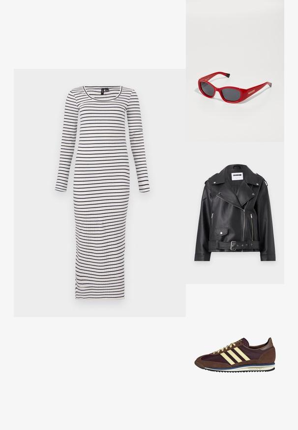 Melnā mākslīgās ādas motociklistu jakā ar sudraba rāvējslēdzējiem, jostu viduklī un epauletiem. Īpaši iezīmē platā apkakle un asimetrisks priekšējais rāvējslēdzējs.; Balts, gariežu maxi kleita ar garām piedurknēm un zilām horizontālām svītrām; tai ir noapaļota kakla izgriezums un pieguļošs siluets.; Brūni un bordo sporta apavi ar zamšādām un sieta materiāliem, ar trim krēmkrāsas svītrām, teksturētu audumu uz mēles un gumijas zoli.; Sarkanas plastmasas saulesbrilles ar slaidu, ovālu rāmi. Lai ietver tumšas lēcas un zelta zīmolu malās. Melni akcenti uz tempļa galiem.