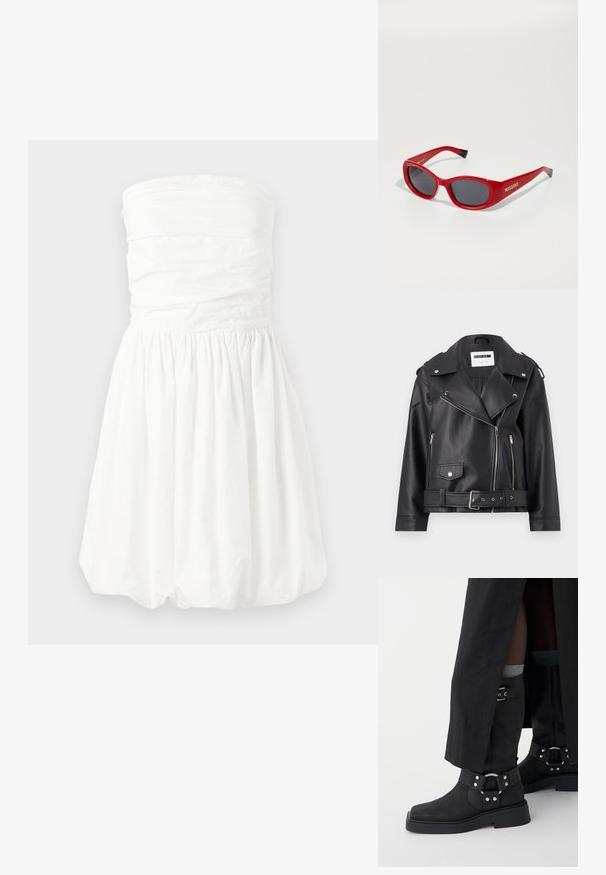 Svart faux skinn bikerjakke med sølvfargede glidelåser, belte i livet og epauletter. Har en bred krage og asymmetrisk frontglidelås.; Hvit off-shoulder kjole med rynket bodice og samlet skjørt, med en glatt tekstur og en kort boblehem.; Sorte ankelstøvler laget av lær med matt finish, firkantet tå og dekorative spenner. Sålen er robust og teksturert.; Røde plastsolbriller med en slank, oval ramme. Har mørke linser og gullmerke på siden. Svart detaljer på tempelendene.