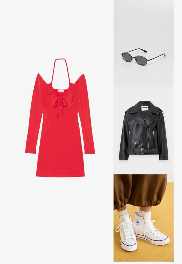 Svart faux skinn bikerjakke med sølvfargede glidelåser, belte i livet og epauletter. Har en bred krage og asymmetrisk frontglidelås.; Rød kjole laget av stretchy stoff; har lange ermer, firkantet hals med samlet detaljer, og en sløyfe foran.; Hvite høye kanvas sneakers med gummisåle, med sølvfargede øyeletninger, rødt og blått kantbånd, og en rund logo på ankelen.; Sorte ovale solbriller med mørke linser, tynn metallramme og rette templer. Har merkevarelogo på den indre armen og nesepadde.