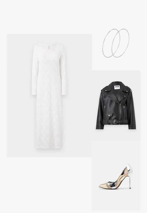 Černá bikerská bunda z umělé kůže se stříbrnými zipy, páskem v pase a epauletami. Obsahuje široký límec a asymetrické přední zapínání na zip.; Bílé šaty s dlouhými rukávy, krajkovým vzorem, výstřihem do V, splývavým střihem a texturovanou látkou, sahající až k ankletu.; Lodička s špičatou špičkou a kombinací stříbrné, zlaté a tělové barvy. Lesklý povrch s vykrojeným designem, s jehlovým podpatkem.; Stříbrná kovová taška s měkkým, zaobleným tvarem a uzávěrem s uzlem. Vyrobena z hladké umělé kůže.; Stříbrné kruhové náušnice s minimalistickým designem. Kruh, hladký povrch a tenký profil. Lehká konstrukce s lesklým povrchem.