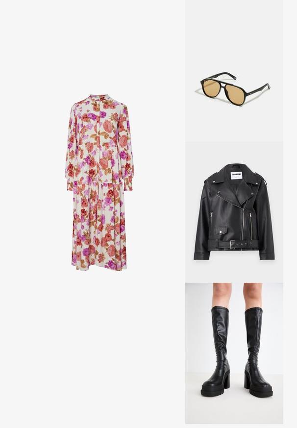 Černá bikerská bunda z umělé kůže se stříbrnými zipy, páskem v pase a epauletami. Obsahuje široký límec a asymetrické přední zapínání na zip.; Květinové šaty s krémovým pozadím, růžovými, červenými a hnědými růžemi, dlouhými rukávy, límečkem a skládací sukní.; Černé kozačky do půli lýtek vyrobené z hladké kůže, s robustní platformou a širokým podpatkem, se šitím podél okrajů.; Černé sluneční brýle s hnědými tónovanými čočkami; obdélníkový tvar s tlustým rámem, včetně jemných kovových akcentů na stranách.