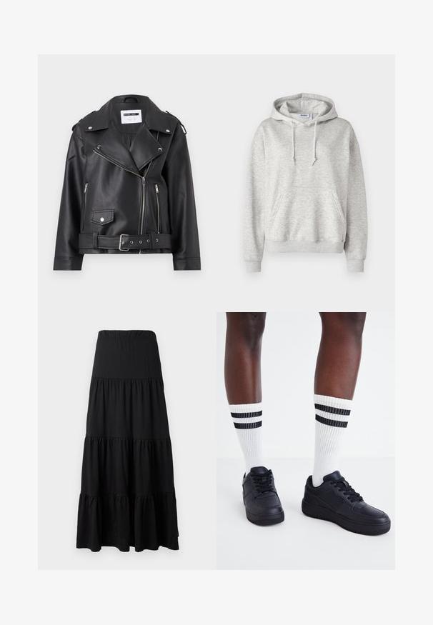 Jachetă de biker din piele sintetică neagră, cu fermoare argintii, talie cu curea și epoleți. Prezintă un guler lat și închidere asimetrică cu fermoar.; Sweatshirt cu glugă de culoare gri deschis, fabricat dintr-un amestec de bumbac moale. Dispune de o buzunar frontal, glugă cu șnur și manșete și tiv din tricot.; Fustă maxi neagră dintr-un material moale, cu un design stratificat, dotată cu o talie elastică și detalii cu volane la tiv.; Adidași negri din piele cu un finisaj texturat, asortați cu șosete albe cu nervuri, având dungi negre aproape de vârf.