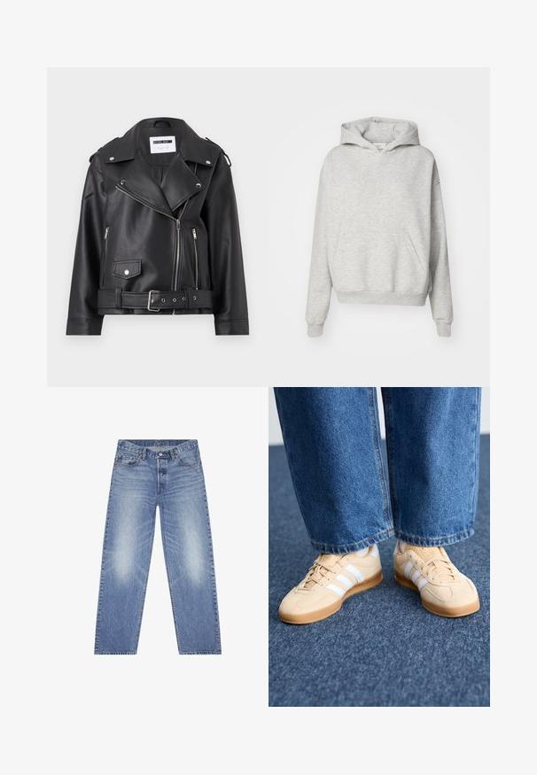 Melnā mākslīgās ādas motociklistu jakā ar sudraba rāvējslēdzējiem, jostu viduklī un epauletiem. Īpaši iezīmē platā apkakle un asimetrisks priekšējais rāvējslēdzējs.; Pelēka kapuce ar priekšējo kabatu, izvēršamu jostu un ribotām aprocēm. Izgatavota no mīkstas, strukturētas auduma un izceļas ar brīva griezuma dizainu.; Gai zili denima džinsi ar taisno kāju griezumu, piecu kabatu dizainu un redzamu izbalēšanu uz augšstilbiem. Iespējami pogu aizdara un jostas cilpas.; Bēša zamšsneakeri ar baltām svītrām, gumijas zole un apaļa purngala forma. Apvienoti ar brīviem džinsu biksēm, kas parāda taisnu kāju un zilu audumu.