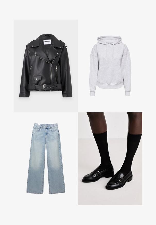 Sort faux læder bikerjakke med sølv lynlåse, bælte i taljen og epauletter. Har krave i bred model og asymmetrisk lynlåslukning foran.; Grå hætte sweatshirt med afslappet pasform, snore, ribbede manchetter og en lomme foran. Fremstillet af blødt, struktureret materiale.; Lyseblå, vide jeans lavet af denim. Har fem lommer, bæltestropper og en knaplukning. Bleg vask med subtile slidmærker.; Sorte læder loafers med en lav blokhæl og guld akcent hardware, parret med sorte, gennemsigtige knæhøje strømper.