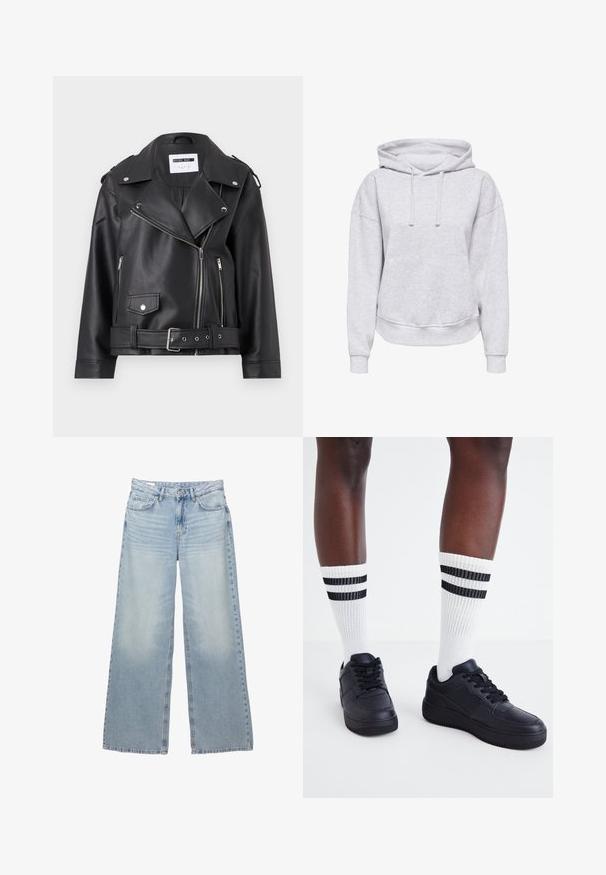 Veste de motard en simili cuir noir avec des zips en argent, taille ceinturée et épaulettes. Présente un large col et une fermeture éclair asymétrique à l'avant.; Sweat à capuche gris avec une coupe décontractée, cordons de serrage, poignets côtelés et une poche avant. Fabriqué en tissu doux et texturé.; Jeans en denim bleu clair à jambes larges. Comprend cinq poches, des passants de ceinture et une fermeture à bouton. Lavage délavé avec un léger effet décoloré.; Baskets en cuir noir avec une finition texturée, associées à des chaussettes blanches à côtes avec des rayures noires près du haut.