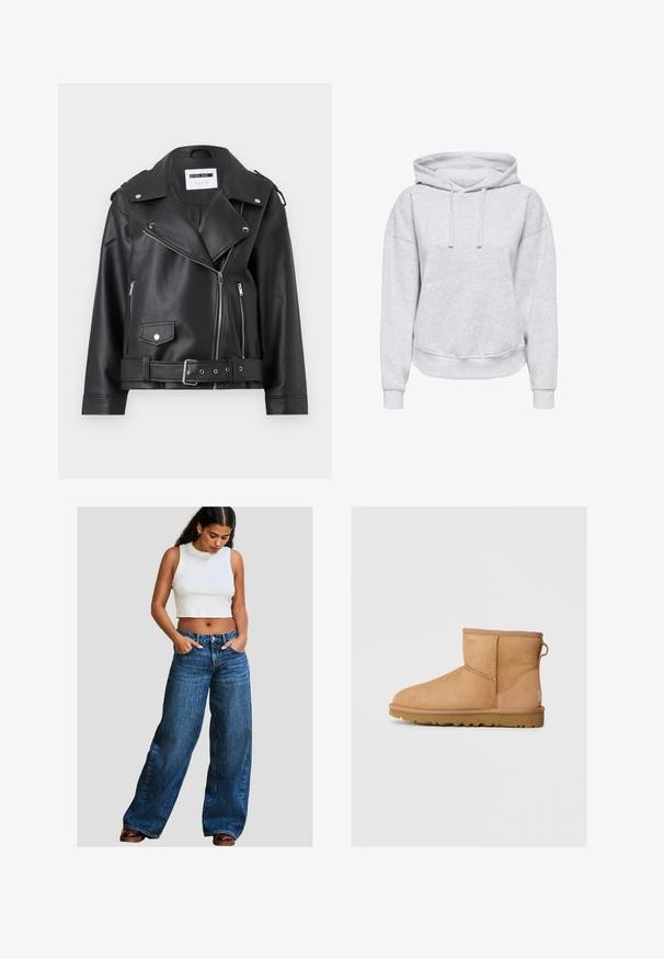 Chaqueta de moto de imitación cuero negra con cremalleras plateadas, cintura ajustable con cinturón y hombreras. Presenta un amplio cuello y un cierre delantero con cremallera asimétrica.; Sudadera con capucha gris de corte relajado, con cordones, puños acanalados y un bolsillo delantero. Fabricada con una suave tela texturizada.; Pantalones vaqueros de mezclilla azul de pierna ancha con un acabado desgastado, de cintura alta y dos bolsillos frontales. Combinados con una blusa sin mangas blanca y corta.; Botín de ante marrón con punta redonda, detalles de costura, tirador en la parte posterior y suela de goma texturizada. Diseñado para comodidad y calidez.